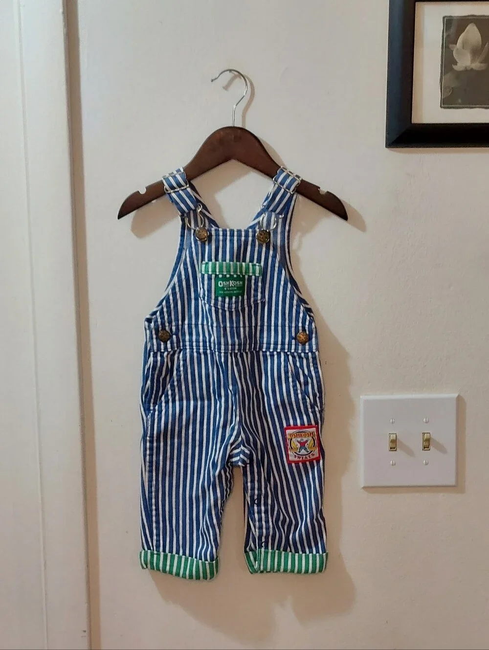 Vintage OshKosh B'gosh Made In USA Blue Stripe Kids Overalls Size 6-9 Months